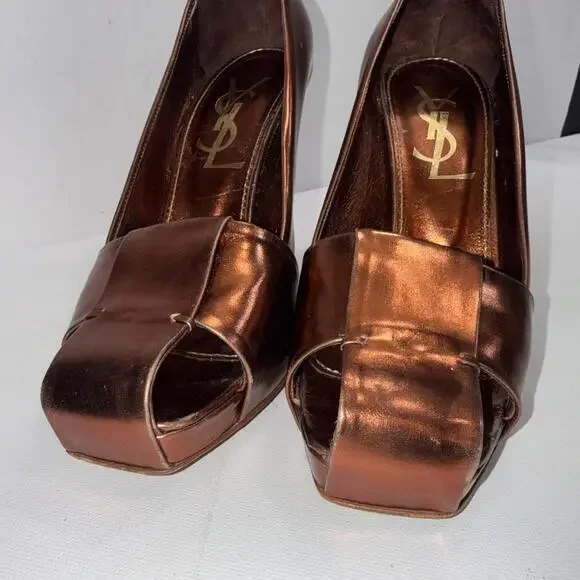 Yves Saint Laurent YSL Basket Orange Bronze Leather Designer Heels Sandals 37.5 - Picture 6 of 15